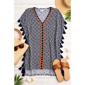 Escapada Living Tassel Tunic Top Large Black White Print Neon Trim Boho Resort